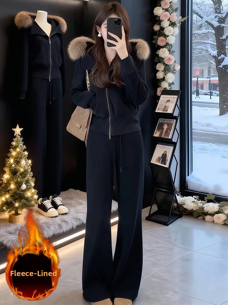 

Spring 2026 Women's Casual Sportswear Set Fleece Lined Hoodie High Waist Wide Leg Pants Two Piece Black Outerwear Top Bottom