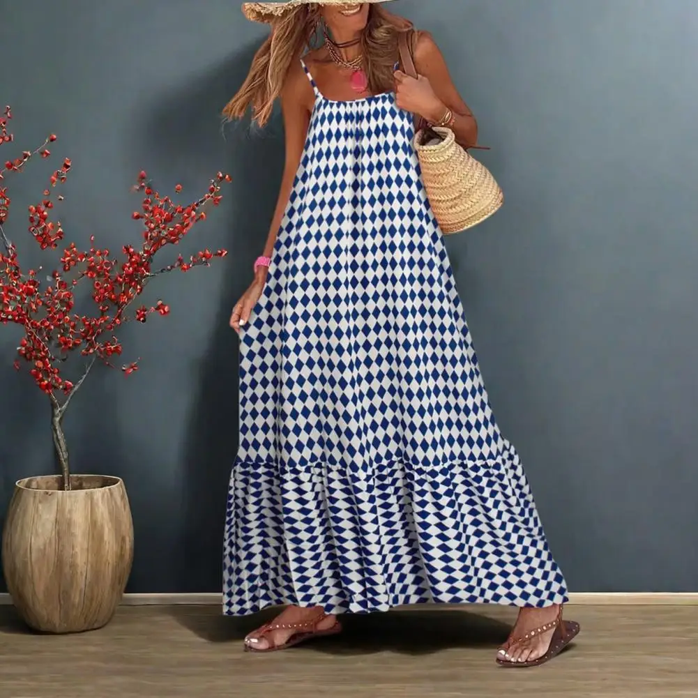 Abito lungo Boho senza maniche da donna Abito lungo estivo fluido senza schienale Abito estivo casual con volant da spiaggia