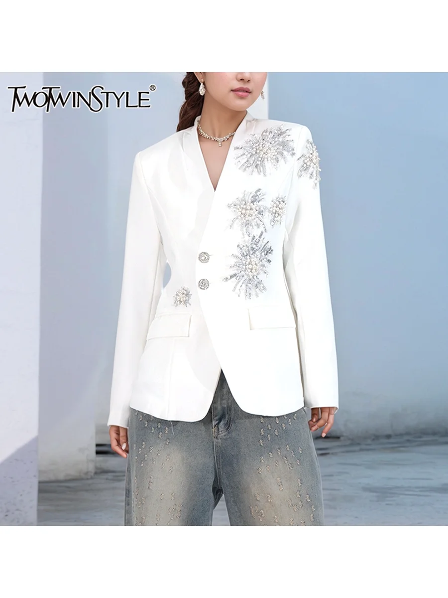 

TWOTWINSTYLE Solid Patchwork Diamonds Loose Blazer For Women Notched Collar Long Sleeve Spliced Button Split Coat Female Fashion