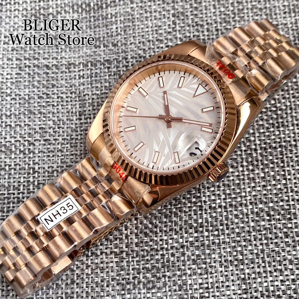 BLIGER Rose Gold Fluted Bezel NH35A 36MM/39MM Automatic Men Watch Palm Dial Green Lume Index Sapphrie Crystal  Jubilee Strap