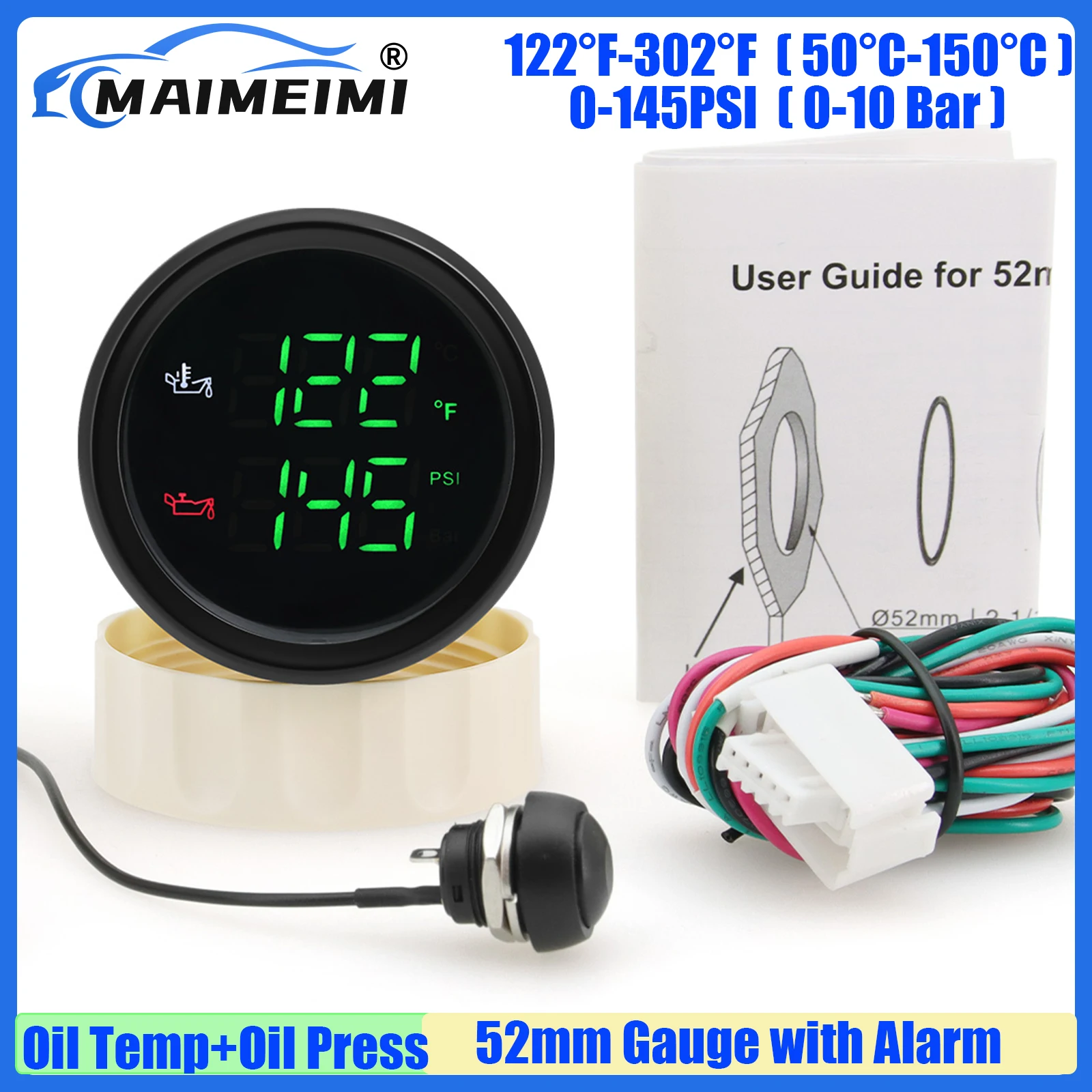 

Цифровой двойной манометр MAIMEIMI 52 мм с сигнализацией 50-150 ℃ Датчик температуры масла и давления масла (0-10 бар) с красной/зеленой подсветкой для автомобиля/лодки