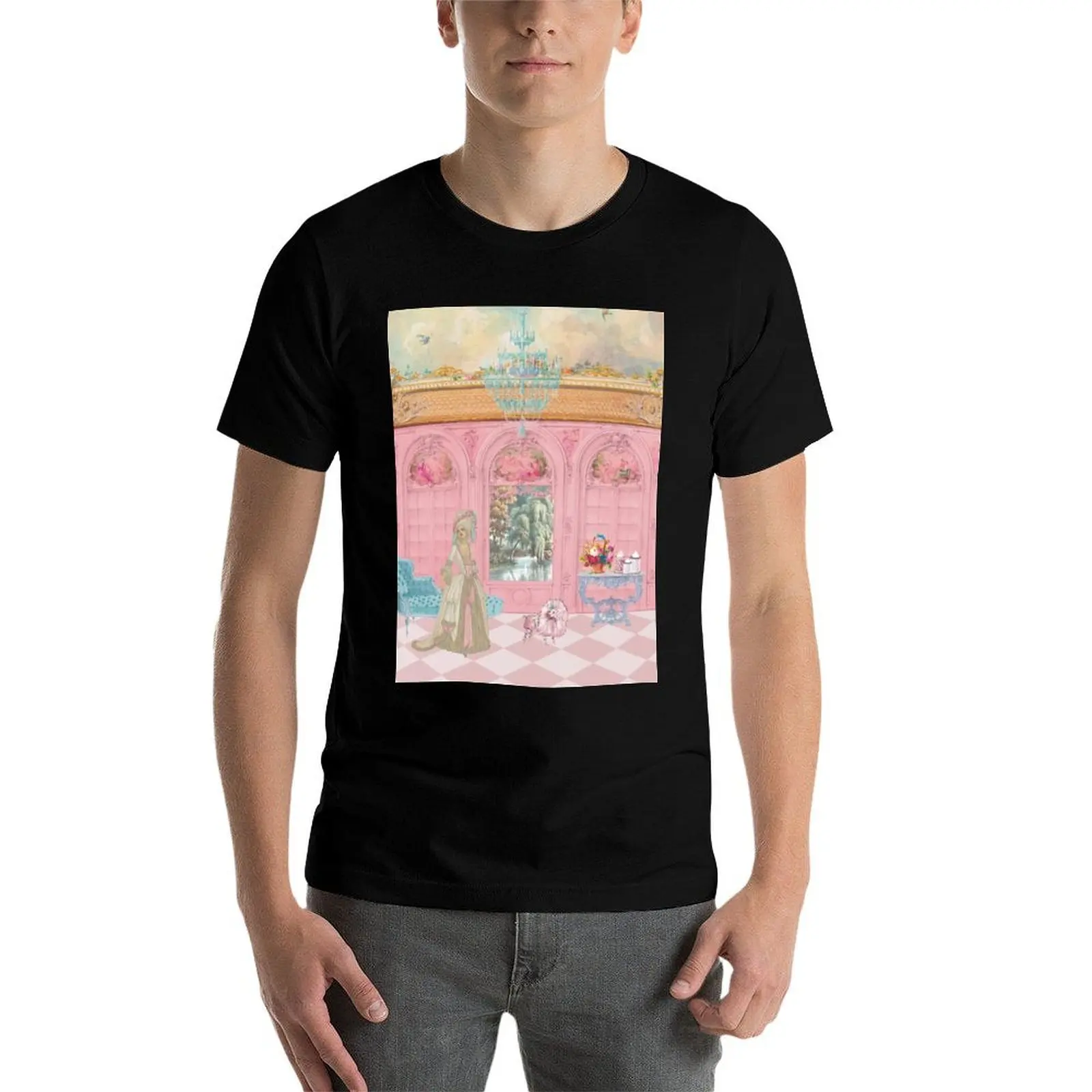 Marie Antoinette At Chateau Versailles with Cake and Her Pink French Poodle T-Shirt funny t shirts cotton T-Shirt view 3