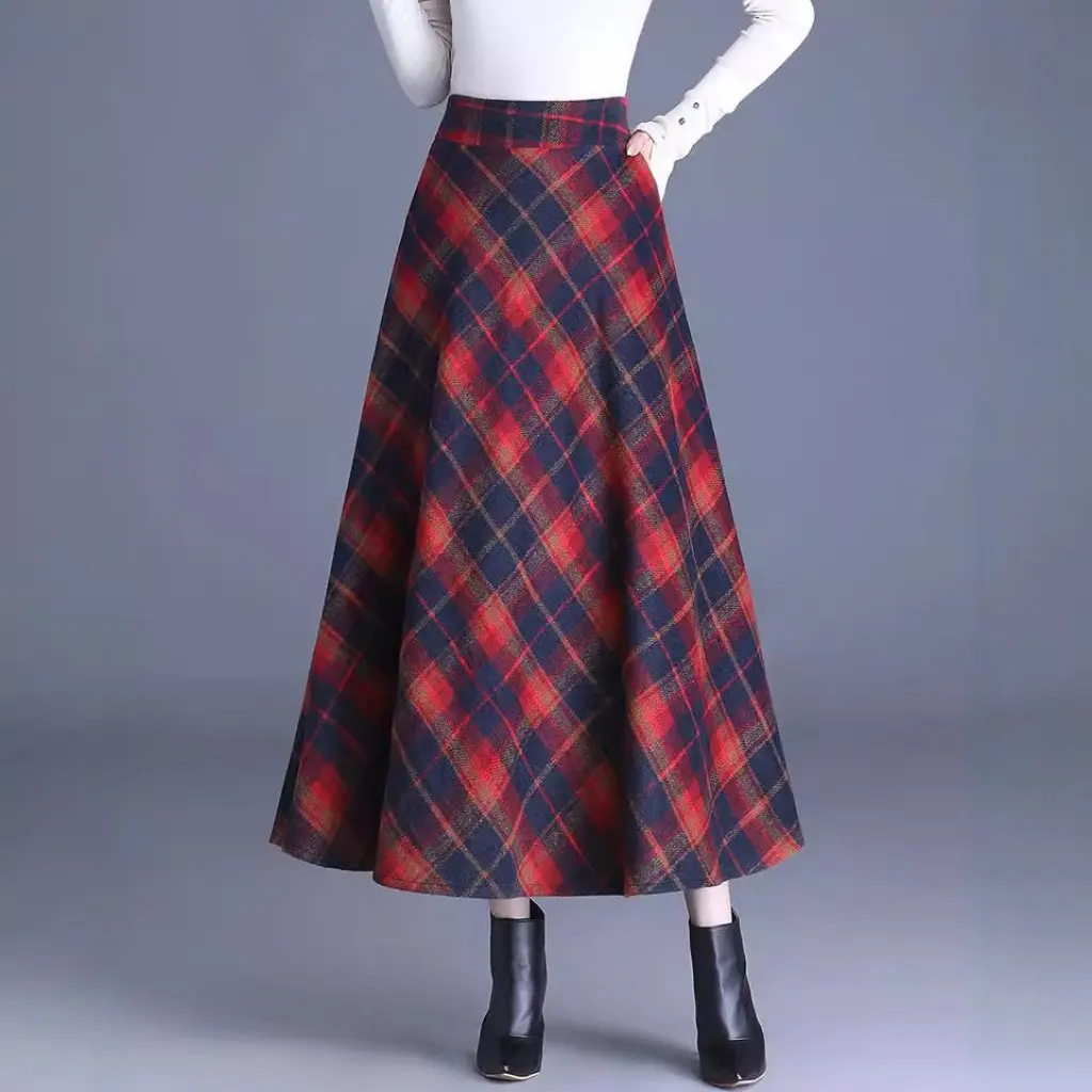 

Women's High-Waisted Retro Color-Block Plaid Woolen Skirt Autumn Winter New Mid-Length Large Hem Fashionable Outerwear