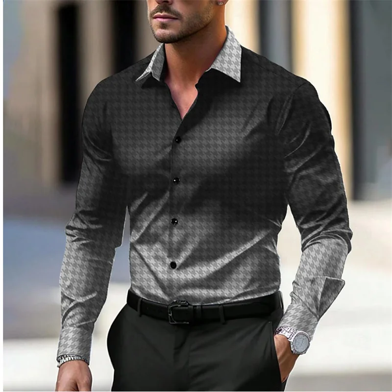 2024 Light Color Changing Plaid 3D Printing Men\'s Business Casual Shirt Formal Spring Summer Lapel Long Sleeve Blue XS-6XL