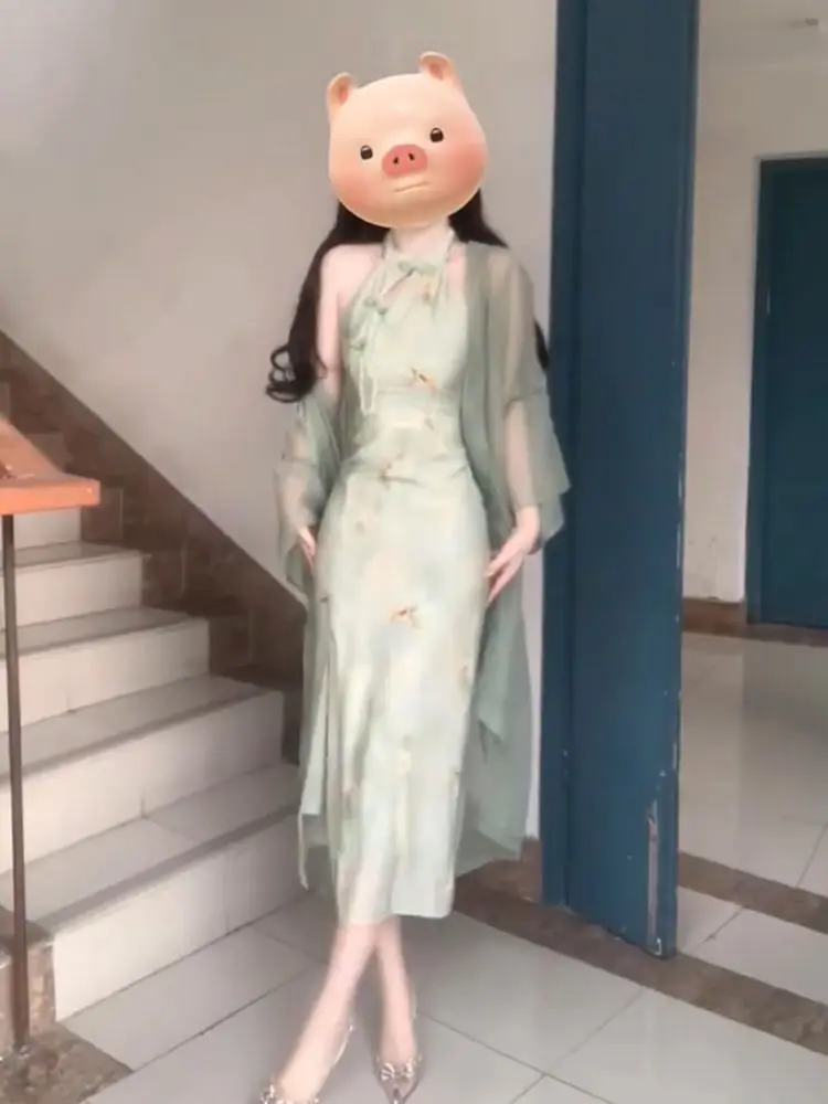 Vestido chino Cheongsam chi-pao mejorado, cárdigan de verano, ajustado, verde, cuello colgante, conjunto de dos piezas, 2023