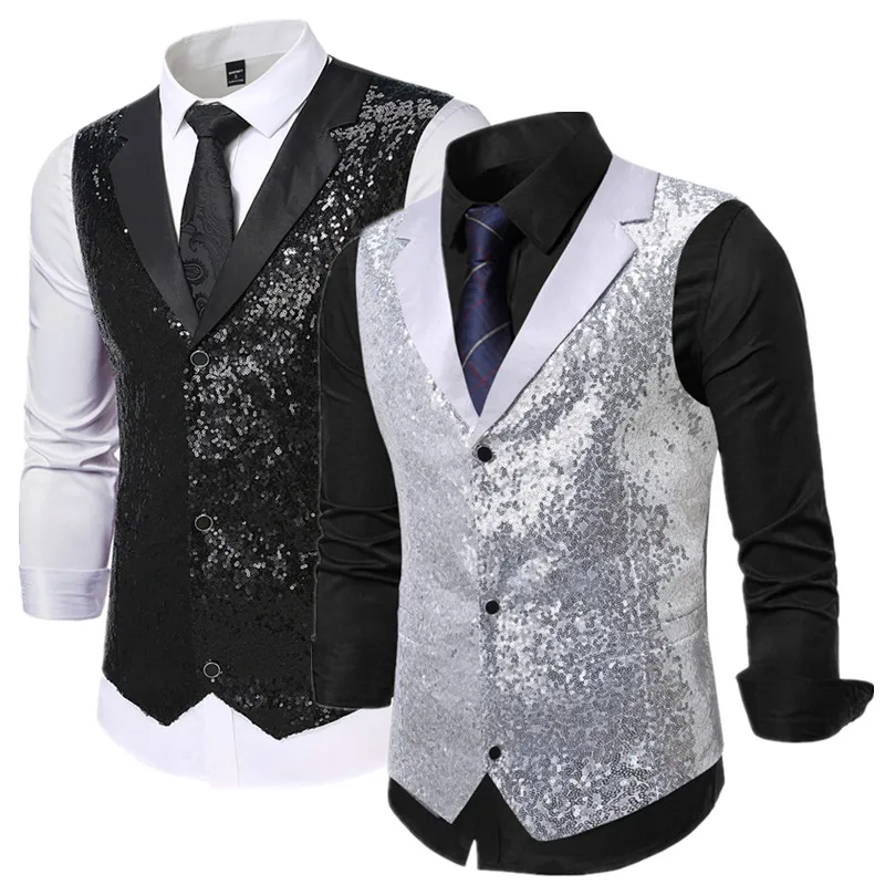 Fashion Luxury Sequin Suit Vest for Men , Loose Splicing Top , 2025 Singer Pianist Stage Performance Dress Waistcoat