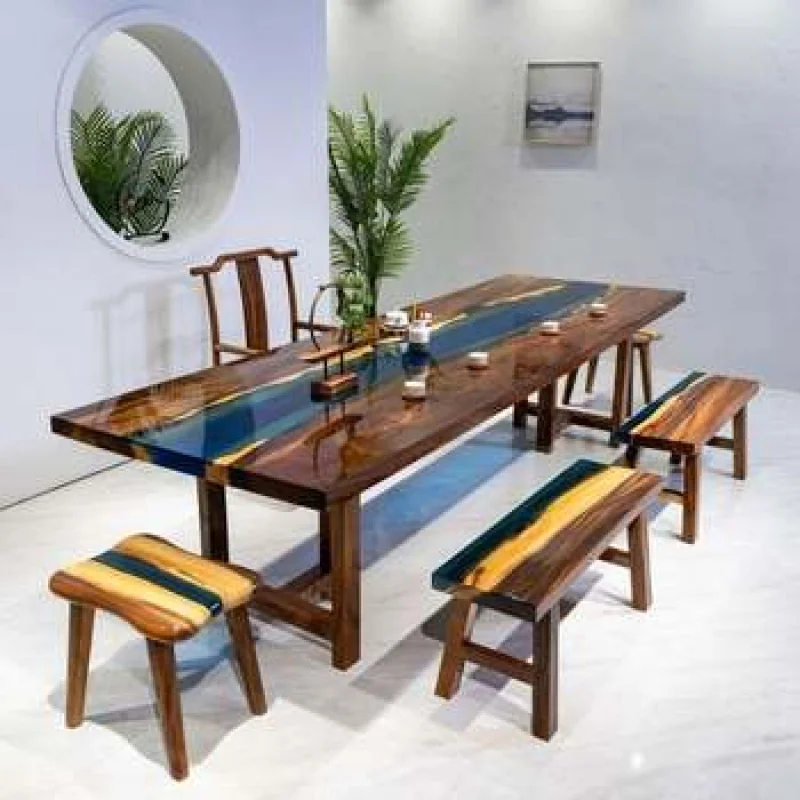 custom.Epoxy Resin River Table Dining Room with Unique Wooden Grain and Resin High Quality