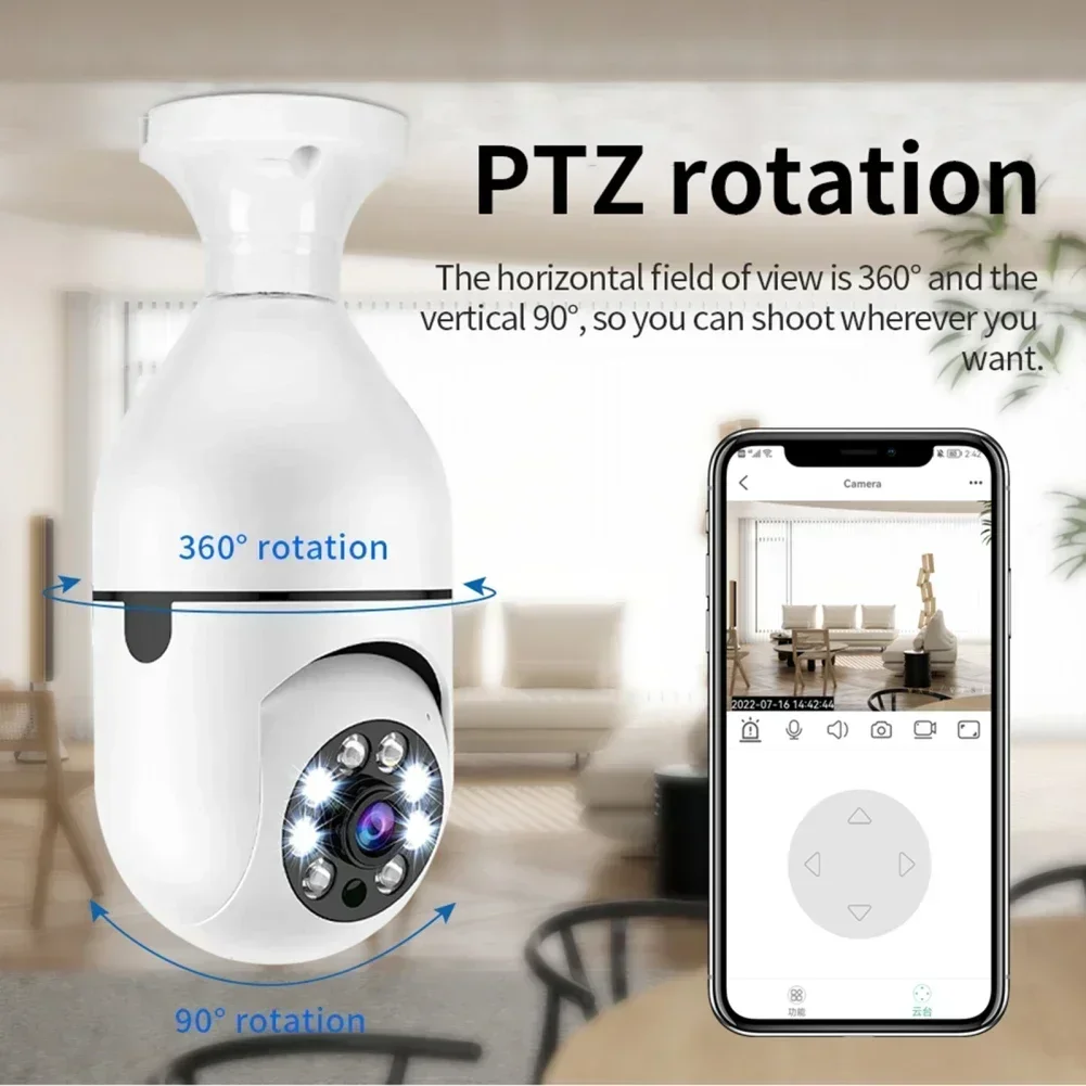 Mini câmera de segurança com rastreamento automático, lâmpada de inclinação, visão noturna, sirene, E27, 90 °, Pan Tilt, 355 °