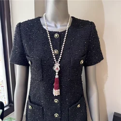 Natural White Rice Pearl Green Red Agate Tassel CZ Pave Pendant Long Necklace Sweater Pearl Necklace For Party Women Gift