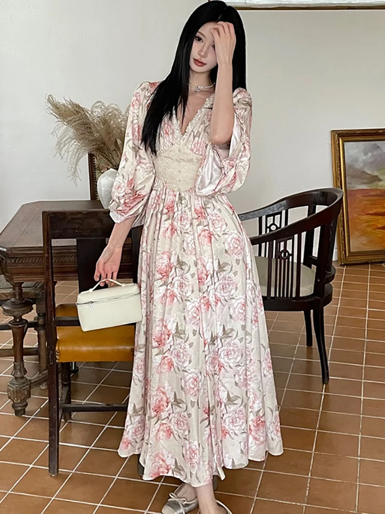 المرأة الوردي الأزهار شيك الدانتيل الخامس الرقبة فستان طويل فاخر الخريف الشتاء الكورية Bodycon فستان الحفلات 2025 أنيقة مهرجان فستان سهرة