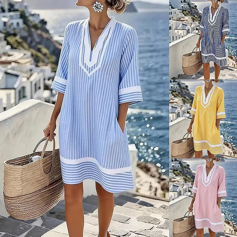 Bohemian Print V Neck Beach Dress Short Sleeve Cover Up Loose Maxi Dresses Spring Summer