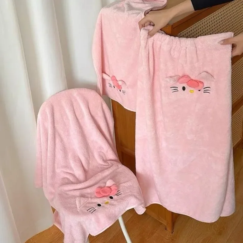 Sanrio Hello kitty bath towel, bath skirt, towel drying hair cap, three-piece set, cute large bathrobe, home couple kawaii gift
