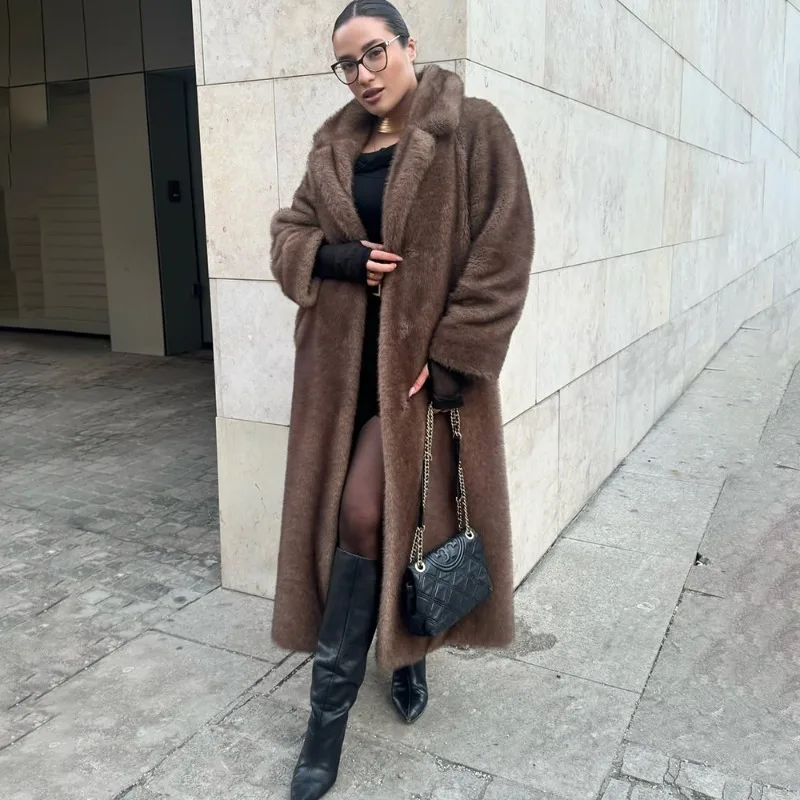 

Tuularose Faux Fur Long Coat Women's Lace-up Thickened Long Fur Coat Jacket 2025 Winter Fluffy Plush Warm Lapel Vintage Outwear