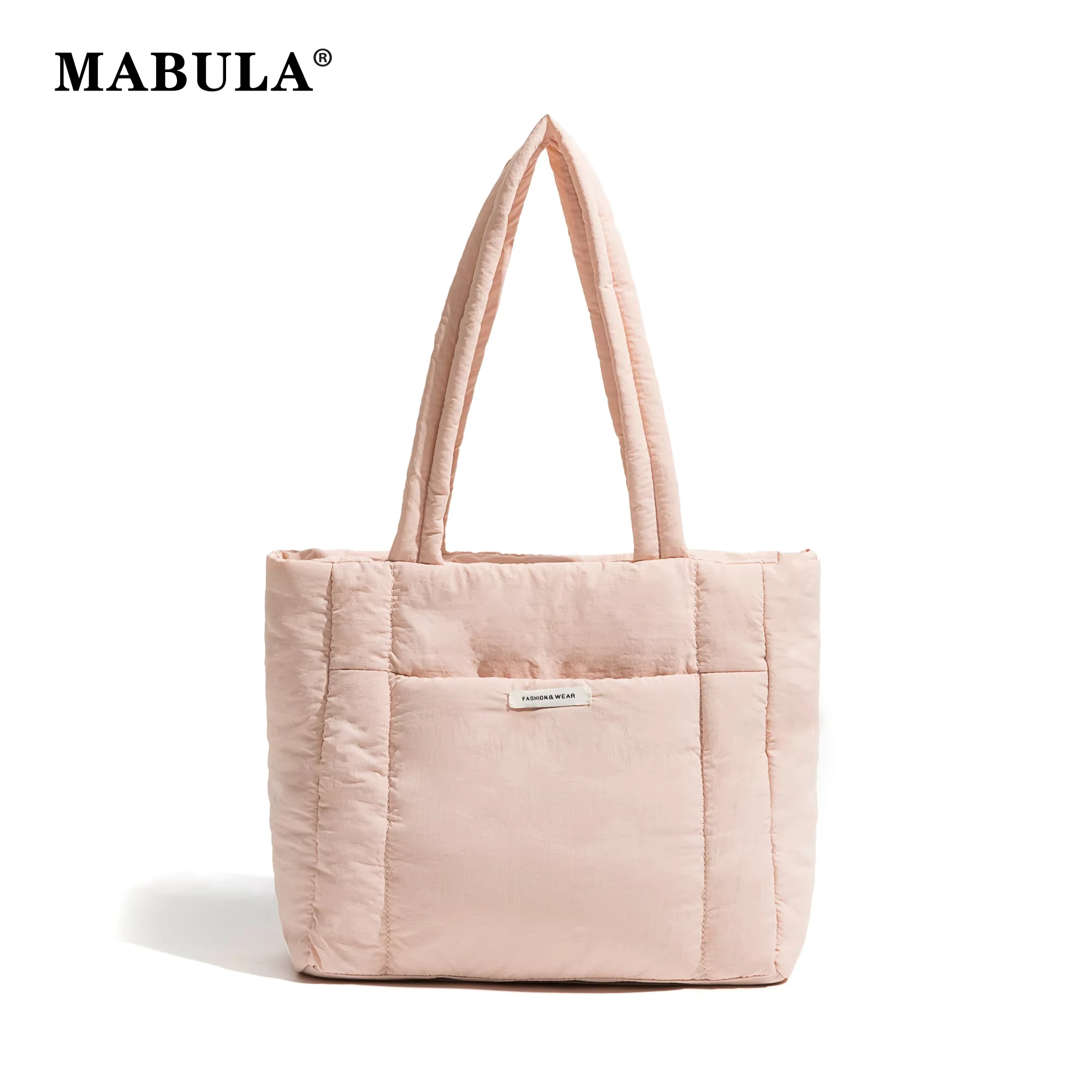 

MABULA Winter Padded Down Square Tote Handbag Cotton Fabric Women's Pink Quilt Puffy Shoulder Shopping Purse Ladies Daily Pouch