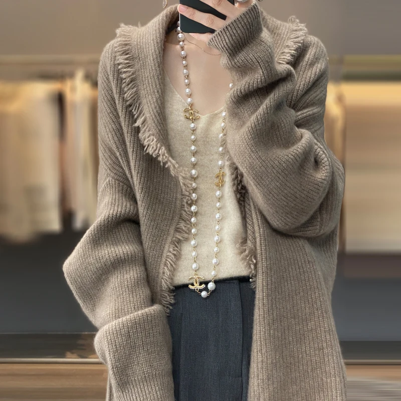 100% merino cashmere sweater women\'s sweater V-neck long sleeve solid color long loose coat cardigan women in autumn and winter