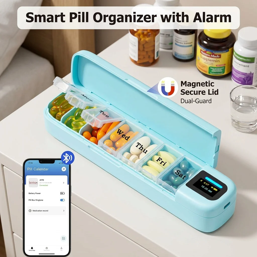 

Smart APP Controlled Pill Reminder Daviky Automatic Pill Dispenser 7 Day AM PM Weekly Organizer with Alarm Clock Portable Travel