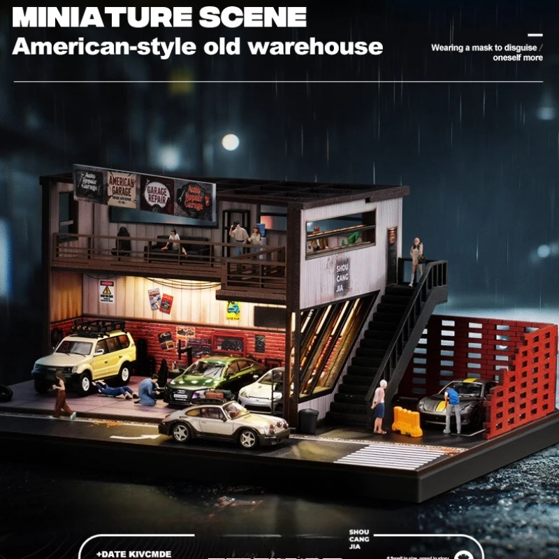 

Simulation 1/64 American-style Old Warehouse Scene Miniature Car Repair Garage Model Two-story Parking Display Case with Lights