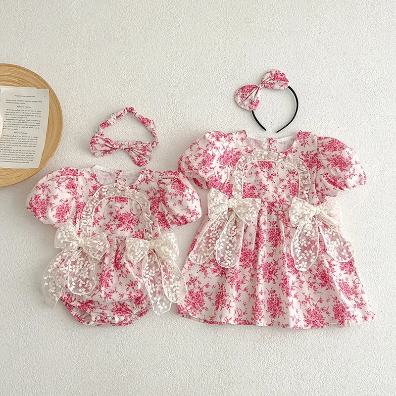 2024 Baby Girls Cotton Flowers Sweet Lace Bow Dresses/Rompers+Headwear Sister Wear Kids Summer Birthday Princess Body Clothes