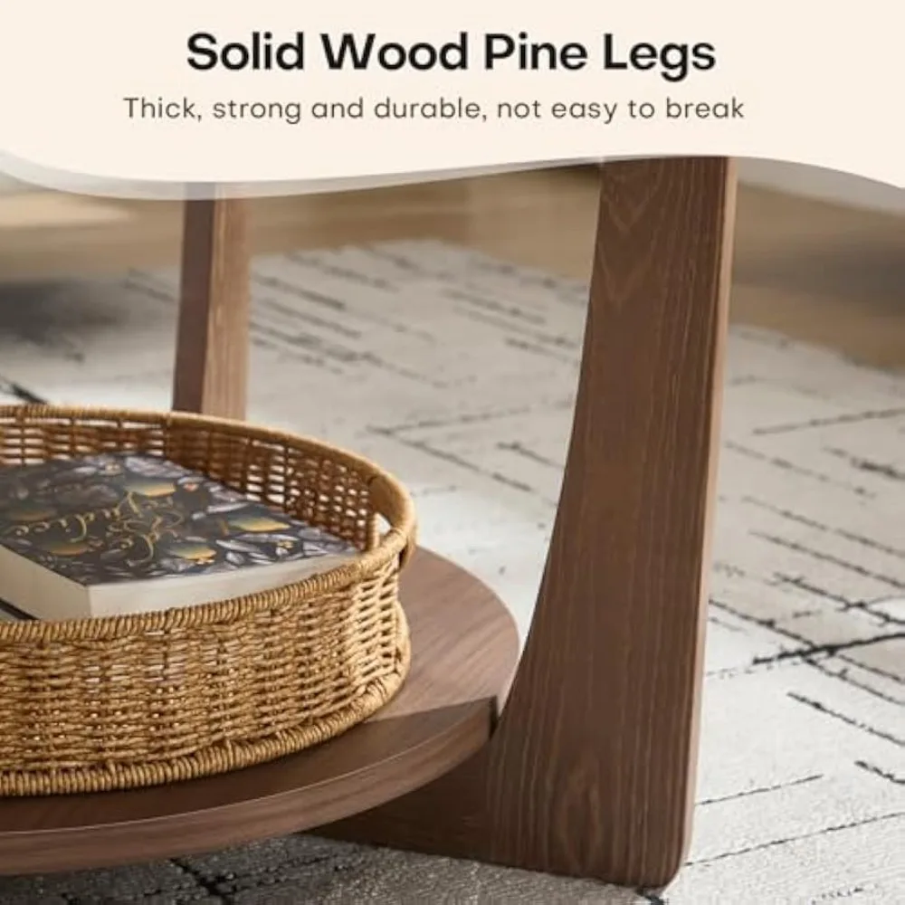 طاولة قهوة مستديرة من خشب الصنوبر الصلب مقاس 31.5 بوصة مع رف تخزين