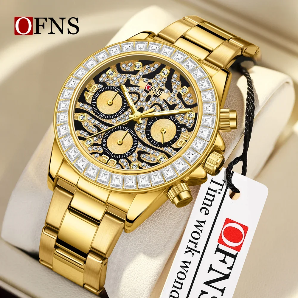 OFNS 7111 Fashion Men's Three Eye Six Pin Quartz Watch Tiger Pattern Waterproof Night Light Business Men's Quartz Watch