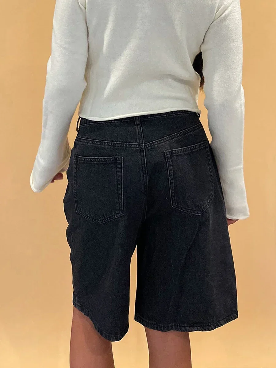 Y2k Women Knee Length Denim Shorts Solid Color High Waist Loose Baggy Rise Wide Leg Jean Shorts Korean Style 90s Mom Jeans