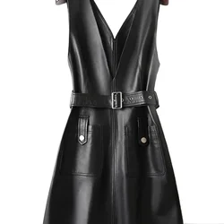 Vintage Matte Leather Dress Women Casual V Neck PU Tank Dress with Belt Ladies Chic Sleeveless Mini Dress Party Pocket Custom