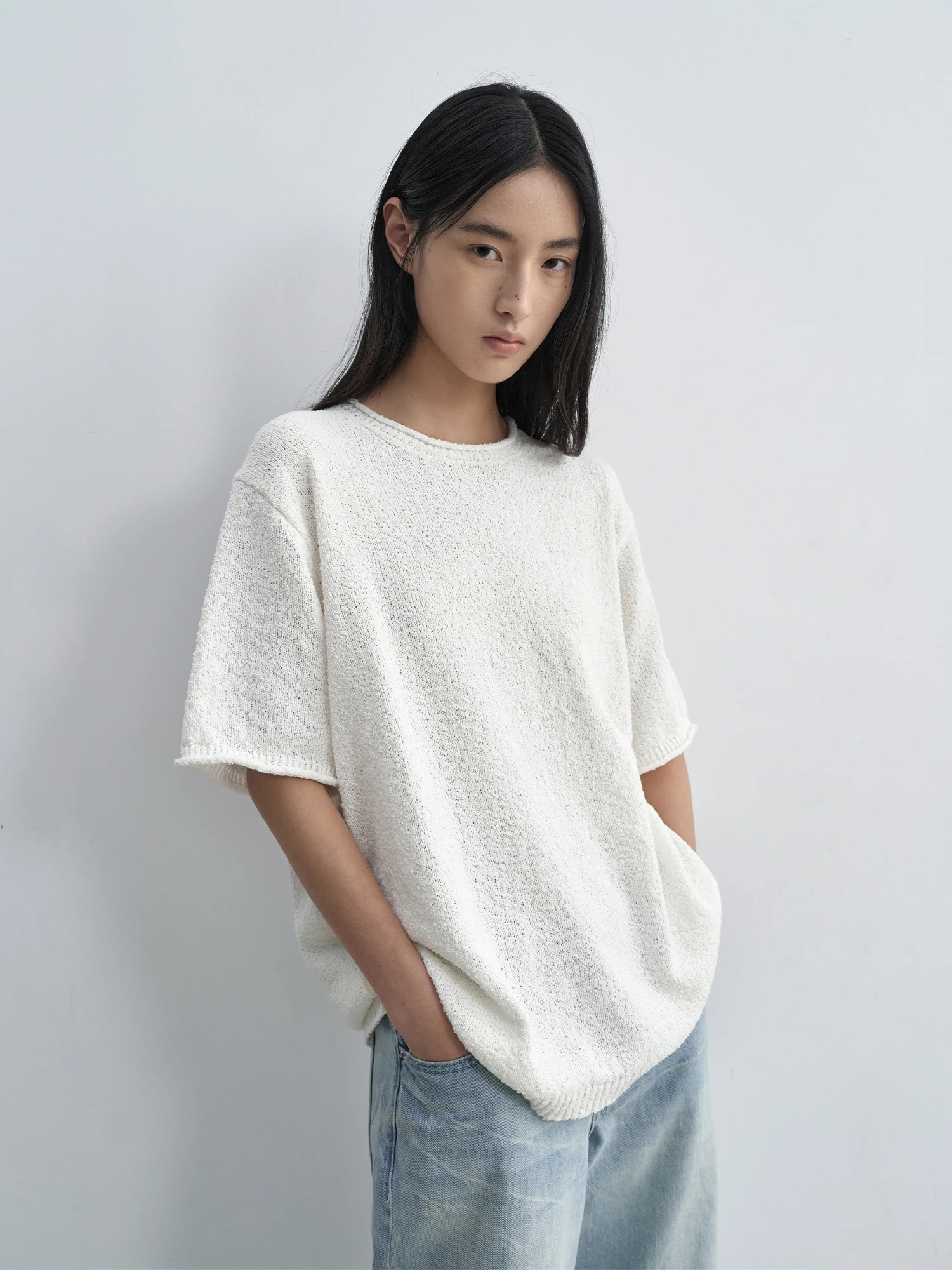 

HaveRice Restaurant White Blank Texture Knitted ort Sve T-irt Loose Fit Casual Sle Polyester Fiber round Ne Top