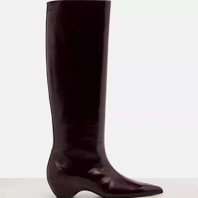 Internal Height Increasing Pointed Leather Long Boots Women 35-45 Large Size Sexy Wine Red Color Knee High Boots for Lady