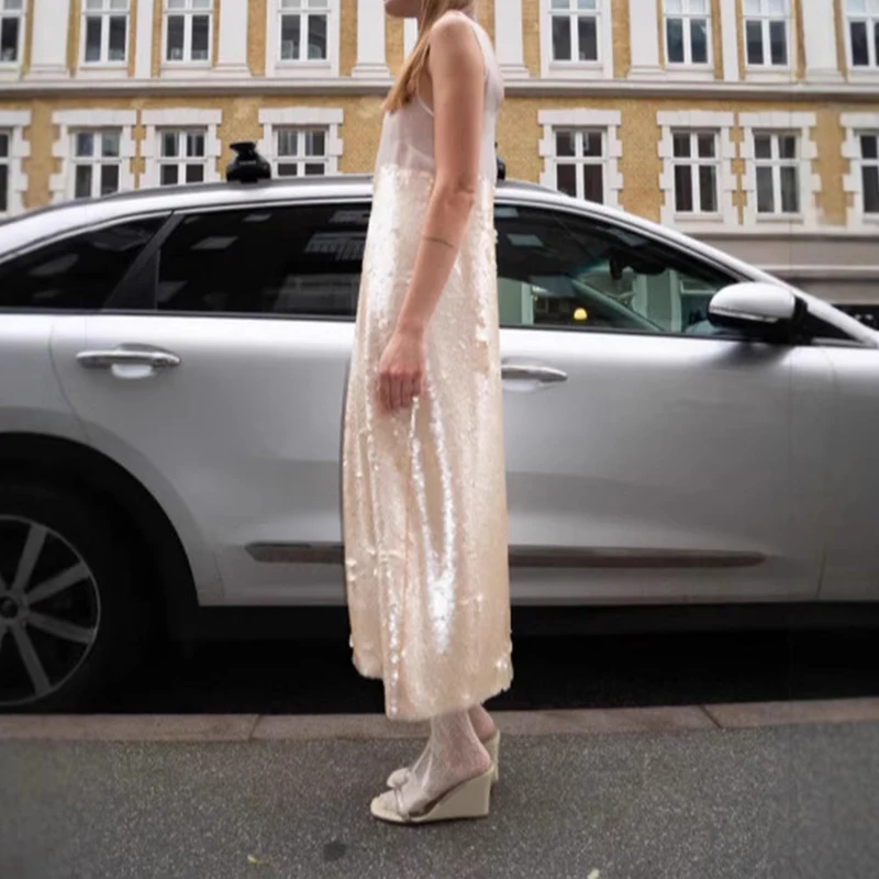 패션 O넥 여성 탱크 드레스 여름 우아한 글리터 스팽글 패치워크 롱 드레스 섹시 슬리브리스 스트레이트 파티 드레스 2025