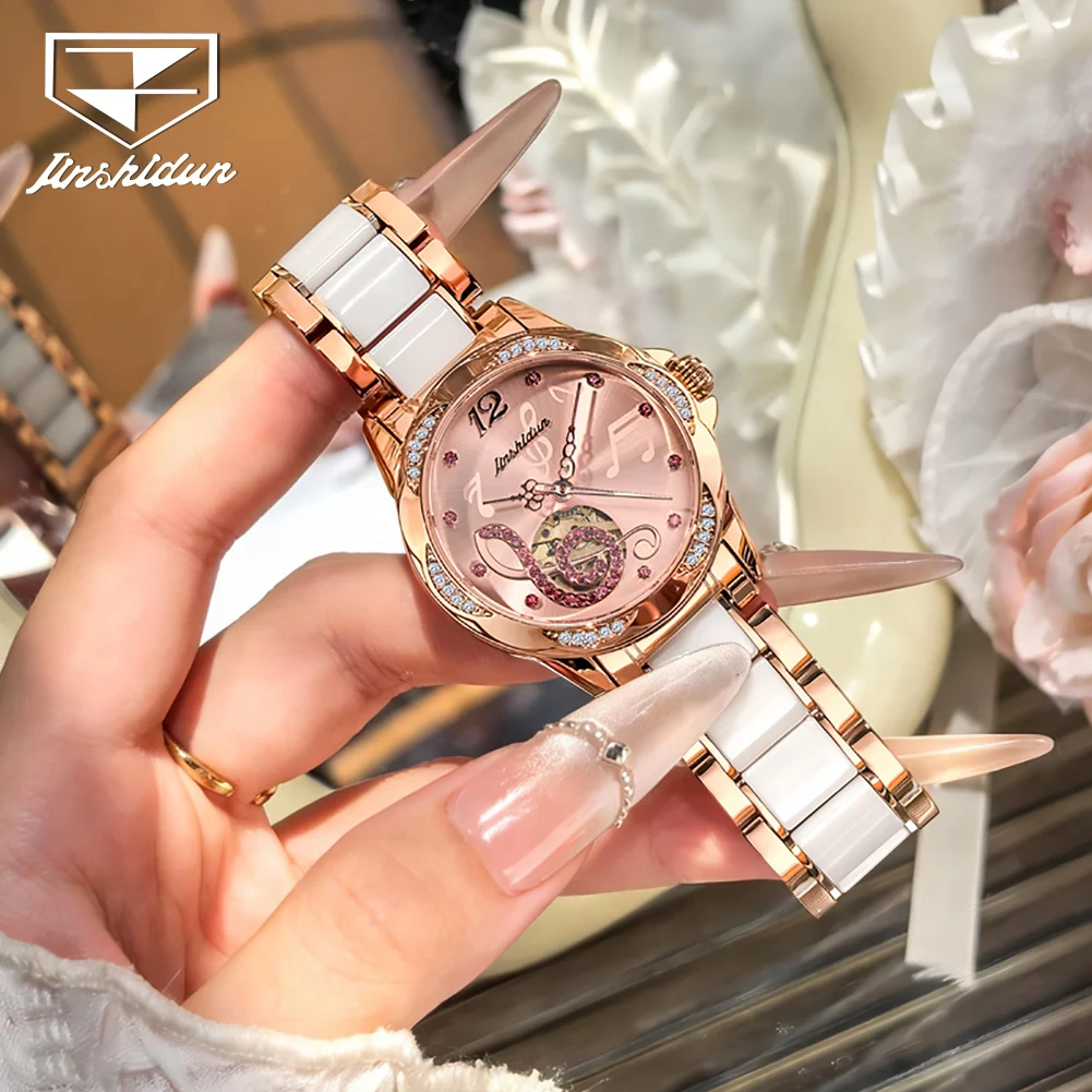 

JSDUN 8820 Elegance Women Mechanical Movement Watch Diamond Music Note Dial Ceramic Stainless Steel 30m Waterproof Watch