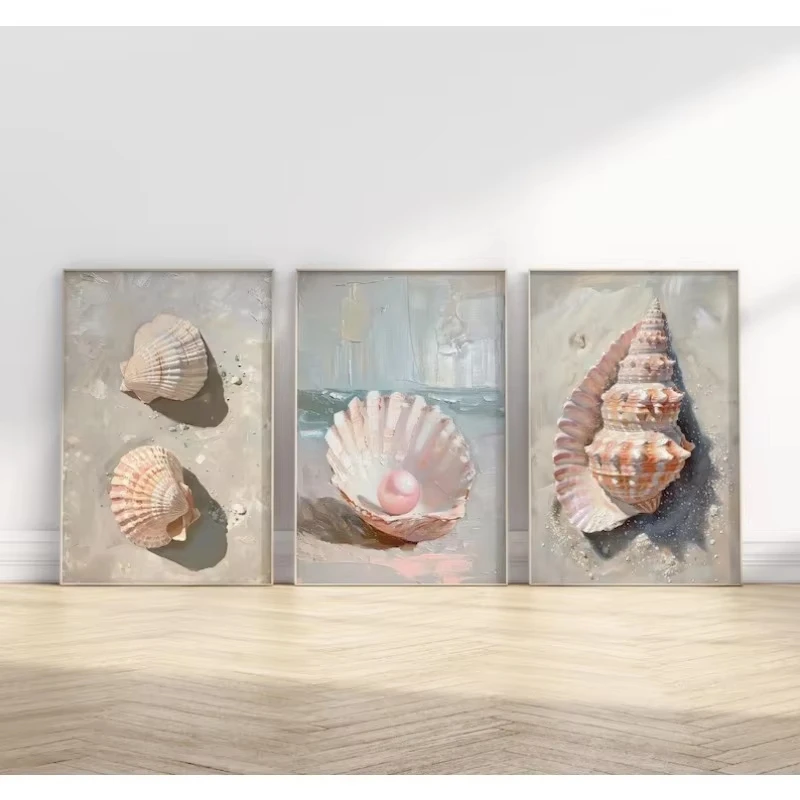 Teen Pink Summer Beach and Coast-Themed Poster; Modern Seashell, Pearl, Starfish, Conch Shell Canvas Art; Home Living Room Decor