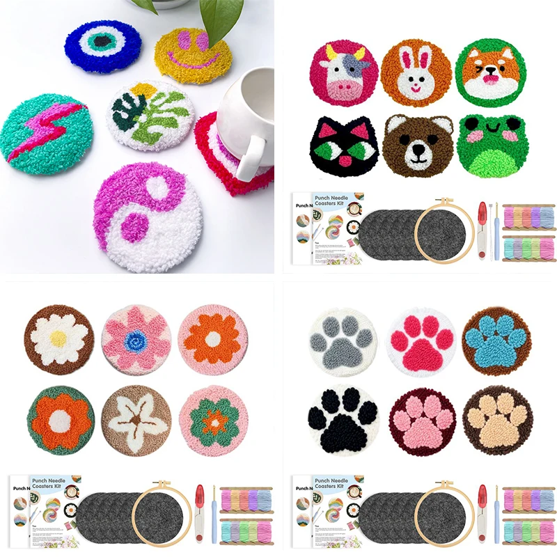 

Punch Needle Coaster Kit for Beginners Easy Punch Needle Embroidery Kit Tool Threader Fabric Hoop Yarn Rug Tufting Coaster Artav