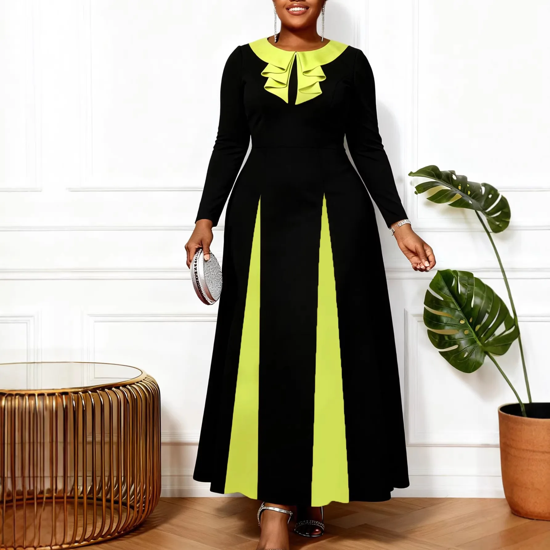 

Africa Clothing Block A Line Maxi Dress for Women O Neck Ruffles Long Sleeve Elegant Fashion Evening Party Casual Church Dresses