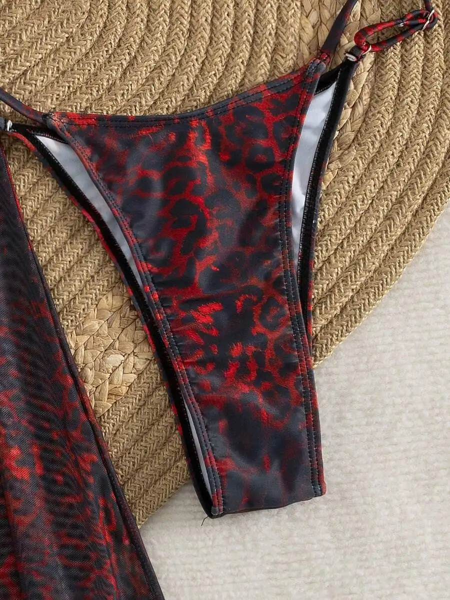 

3-Piece Women’s Bold Red Leopard Print Bikini Set Featuring Backless Tie-Up Top, Crisscross Straps, And Sheer Mesh Skirt For