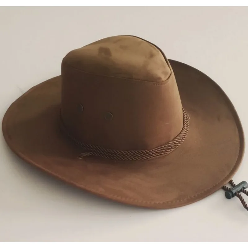 Western Men Rider Hat Deerskin Fleece Cool Sun Cowboy Hat Sand Skin Windproof Accessories Large Rope Solid Color Decoration