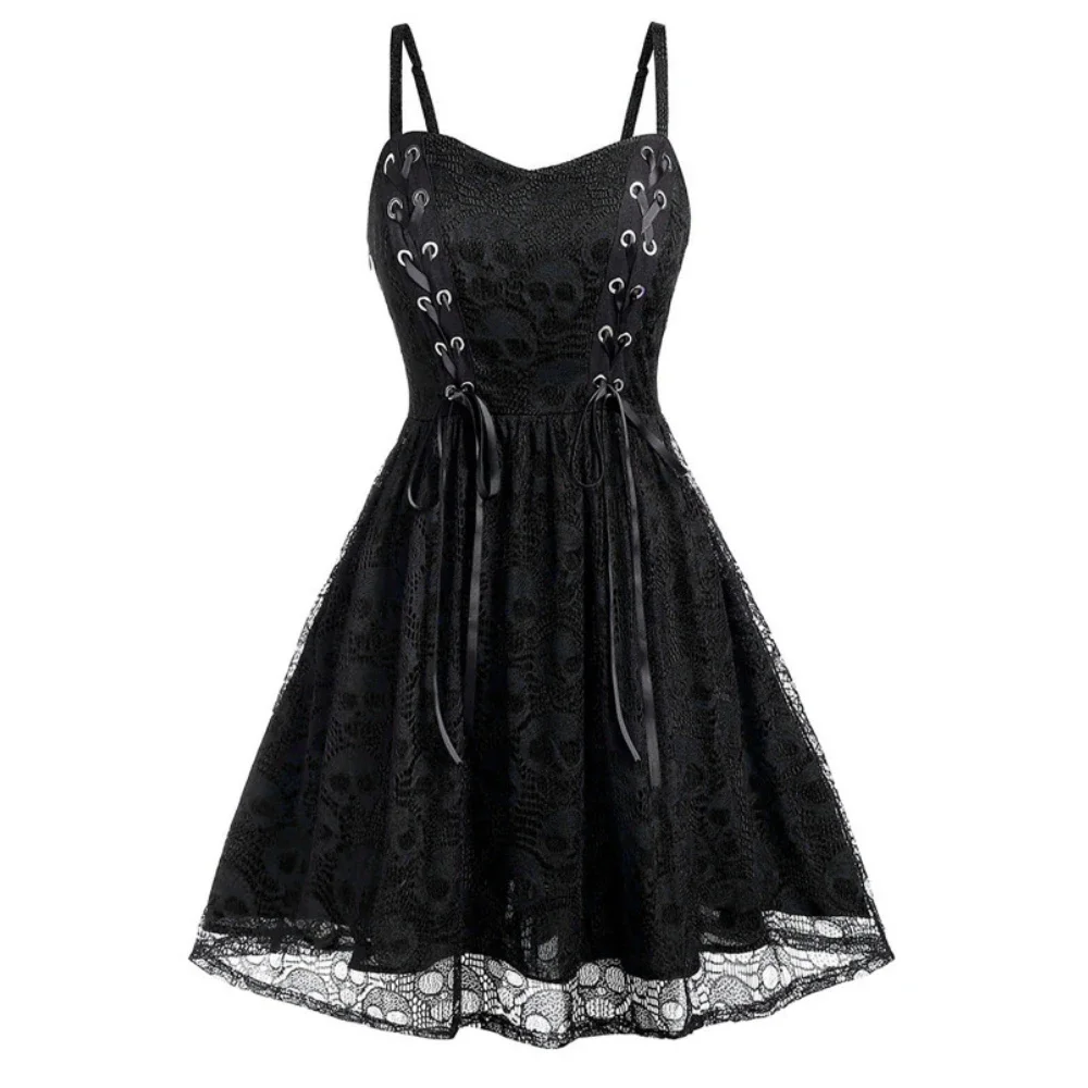 Punk Lace Spliced Skulls Dresses Fashion Sleeveless Sling Mini Dress For Women Gothic Sexy Dress Streetwear New Vestido De Festa