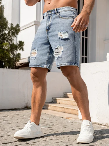 Imagen 2 del producto 2026 Pantalones cortos de mezclilla desgastados azules de corte holgado de verano para hombre, ropa para todas las ocasiones, pantalones casuales/fiestas/vacaciones, pantalones vaqueros rasgados versátiles de moda para hombre, talla XS-XL