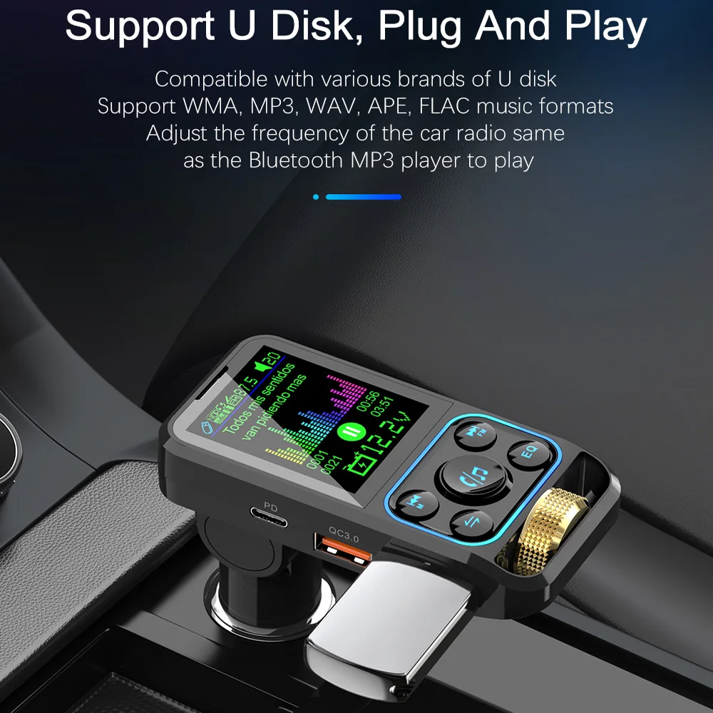 FM Transmitter Car Bluetooth 5.3 Handsfree AUX Audio Receiver QC3.0 PD 30W Fast Charging MP3 Player Modulator Wireless Display