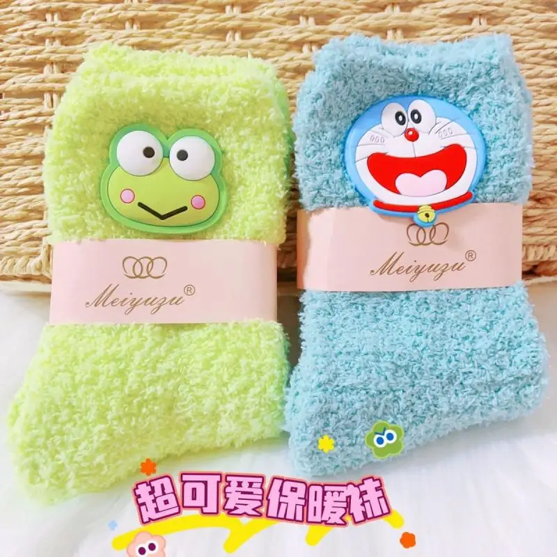 Kawaii Sanrioed Keroppi Sock Cartoon Girl jesień i zima koralowy polar skarpetki do spania skarpetki podłogowe Anime prezent na festiwal peryferyjny