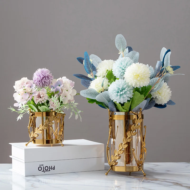 

Electroplating Golden Vase Glass Hydroponic Flower Arrangement Container High-end Room Dining Table Flower Vase Home Decoration