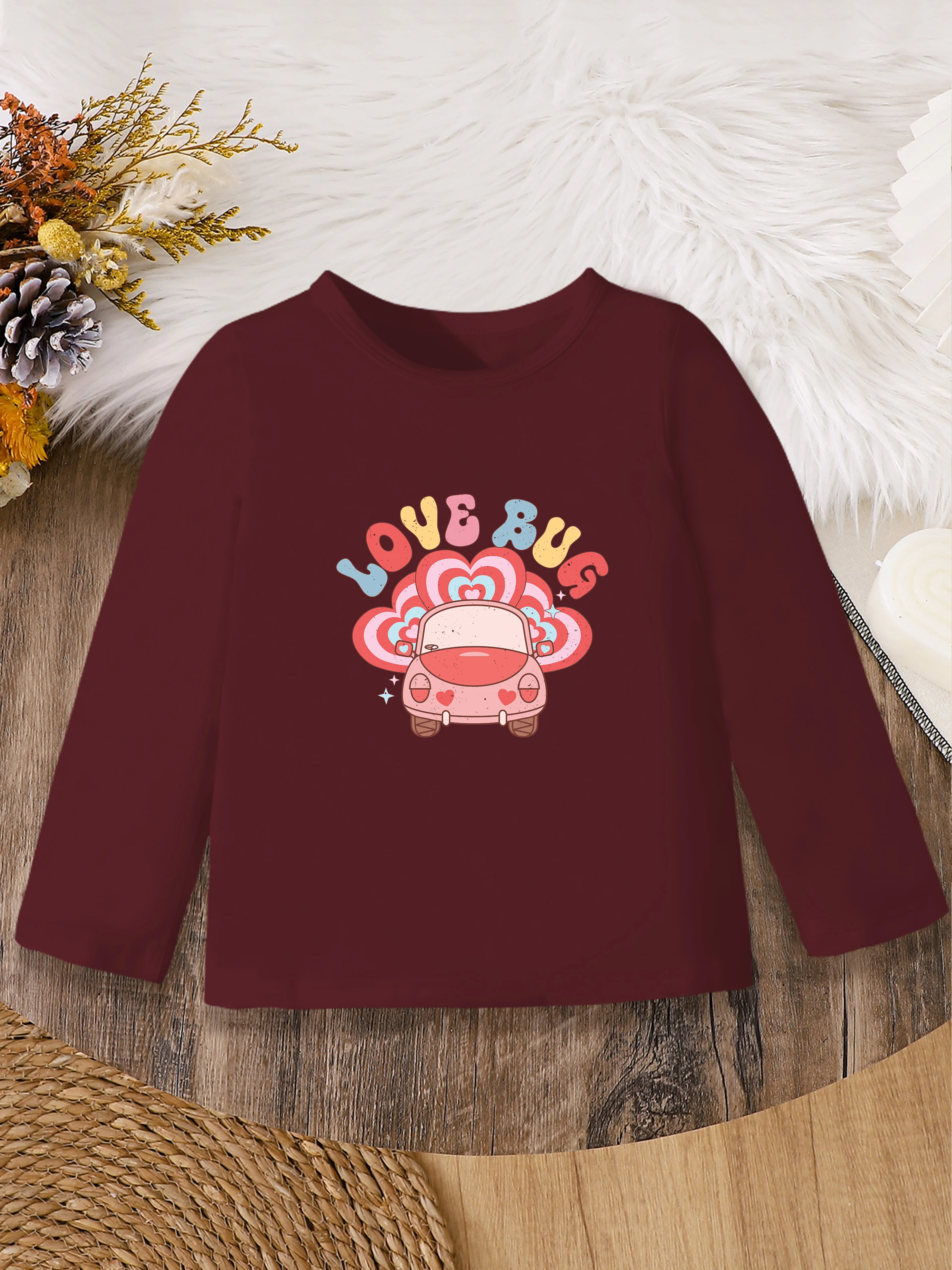 

1 шт.: Осенний милый милый базовый слой для девочек на День святого Валентина — мультяшный принт в виде сердца и автомобиля.