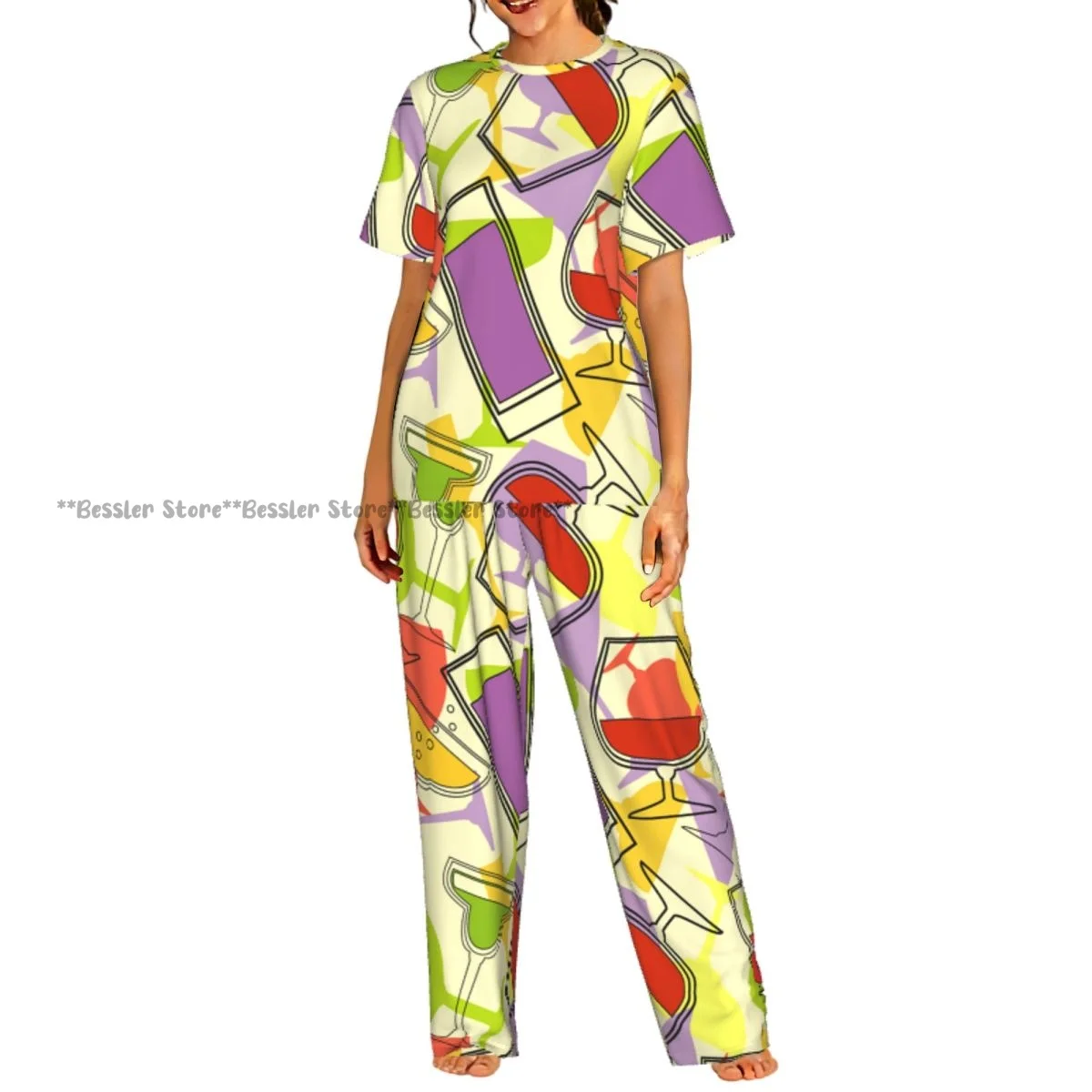 

Women's 2-piece set Cocktails Pattern Pajamas Short sleeved Top and Pants Sleepwear