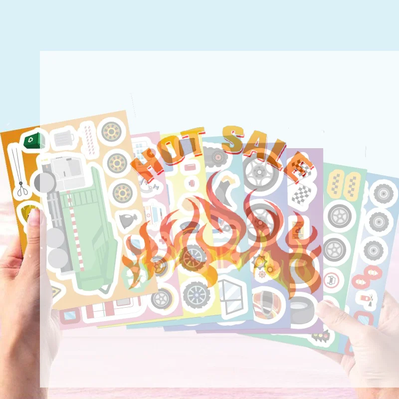 

8 Sheets Motorcycle Excavator Various Vehicle Combinations DIY Decal Fire Truck Ambulance Puzzle Stickers Gifts Decoration