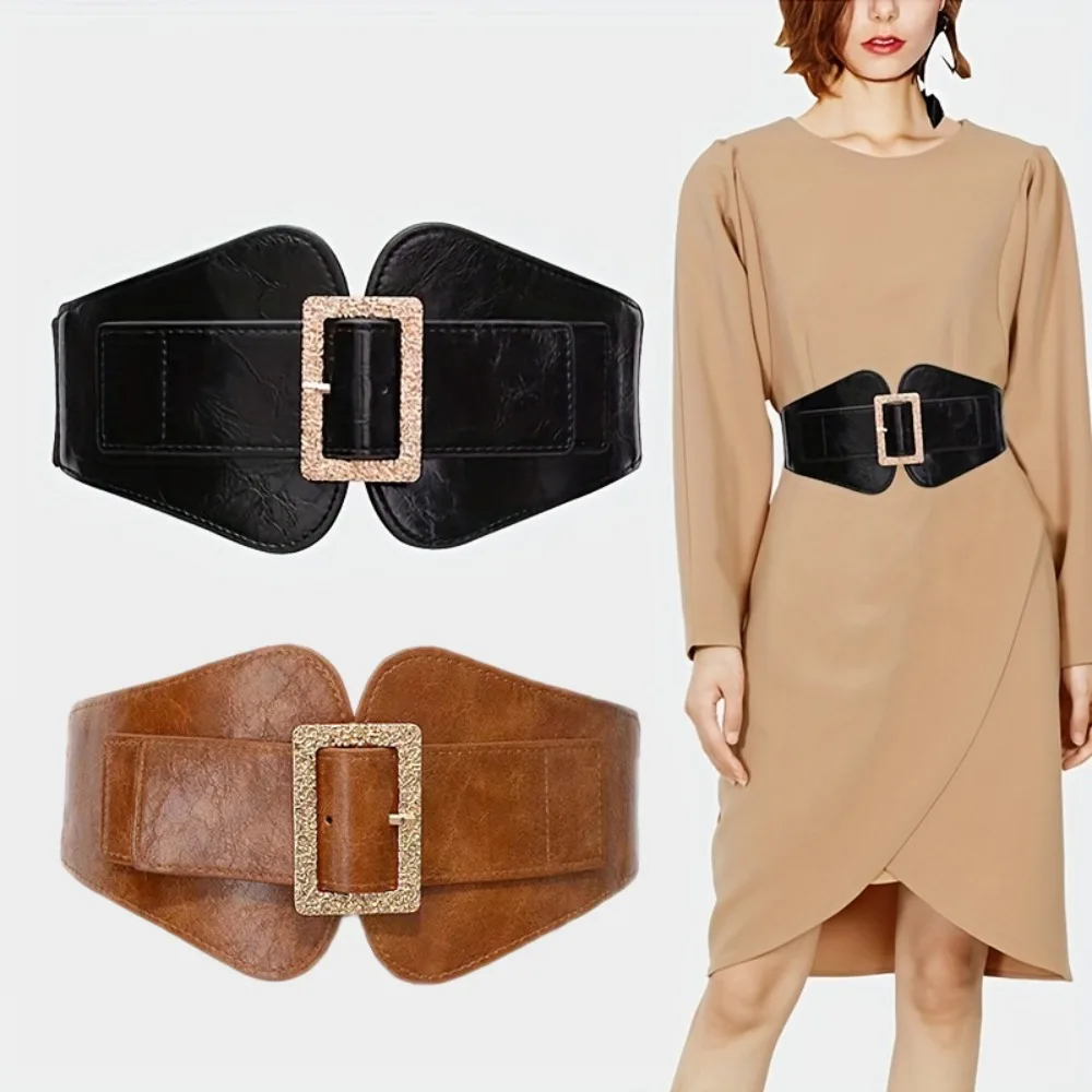 Stylish PU Wide Belts Classic Solid Color Elastic Waistband Elegant Dress Coat Girdle For Women