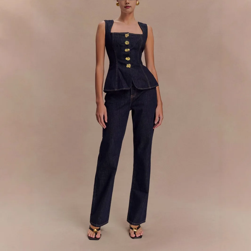 กางเกงยีนส์ฤดูร้อนชุดผู้หญิง 2025 แฟชั่นแขนกุดเดี่ยว Bretted เสื้อกั๊กและเอวสูงกางเกงยีนส์ 2 ชิ้นชุดผู้หญิง