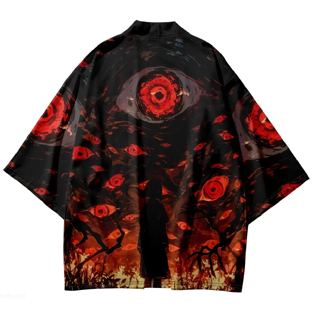 Fashion Unisex Neon Trippy Eye Print Haori Kimono Cardigan 1/2 Sleeve Open Front Yukata Trend Street Harajuku Style Clothes Tops