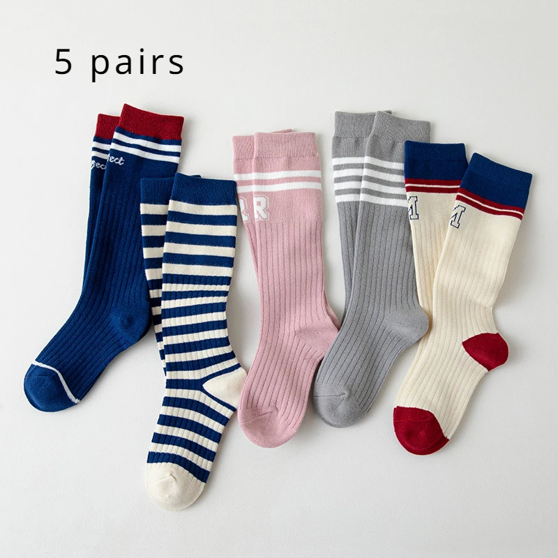 5 Pairs of Spring and Autumn Children\'s Striped Letters Fashion Boys Girls Student Sports Breathable Mid-tube Socks