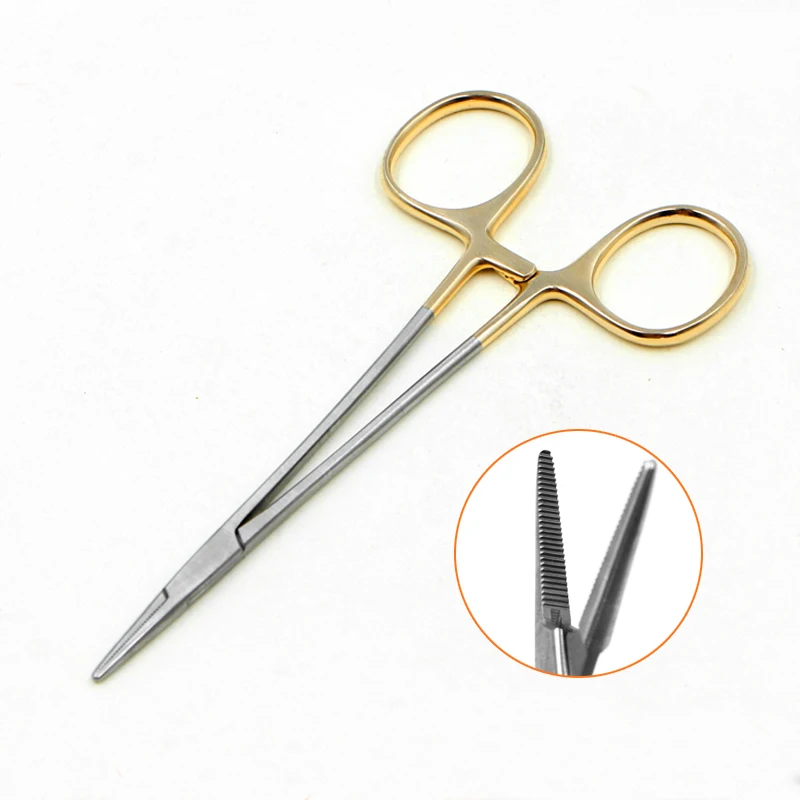 Pinzas hemostáticas de acero inoxidable, herramienta de belleza para párpados de plástico, codo recto, diente completo, mango dorado, fórceps hemostáticos