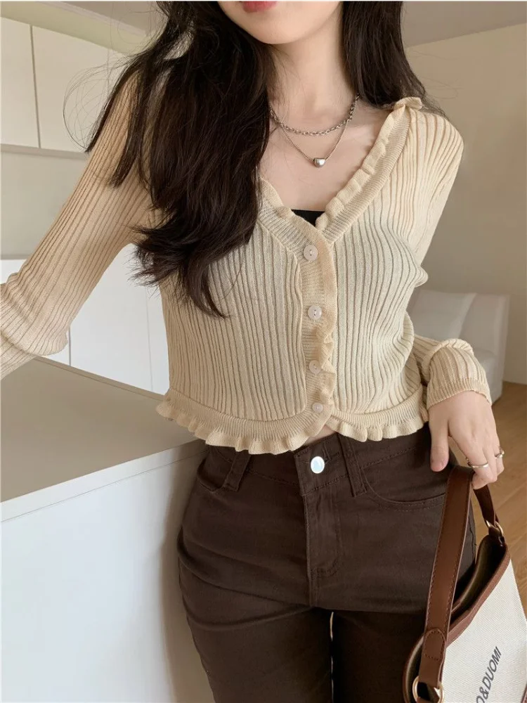 Cardigans Women Ruched Hotsweet Spring Soft Leisure Cropped Gentle Korean Style Daily Long Sleeve Y2k V-neck Aesthetic Knitwear