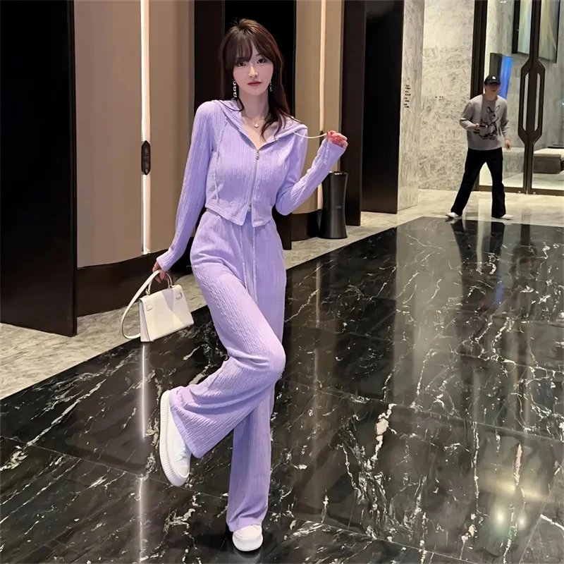 

Korean Ladies Solid Color Hooded Two-piece Set 2025 Women Fashion Wide Leg Pants Outfit Spring Autumn Femme Long Sleeves 2PCS